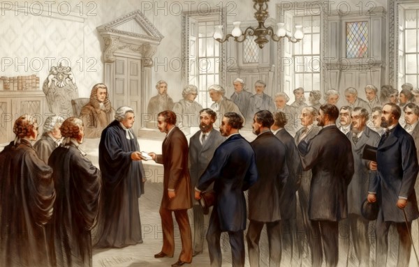 The Trial of the Pyx in the hall of the Worshipful Company of Goldsmiths, a judicial ceremony in the United Kingdom to ensure newly minted coins from the Royal Mint, London, England, Europe, 19th century