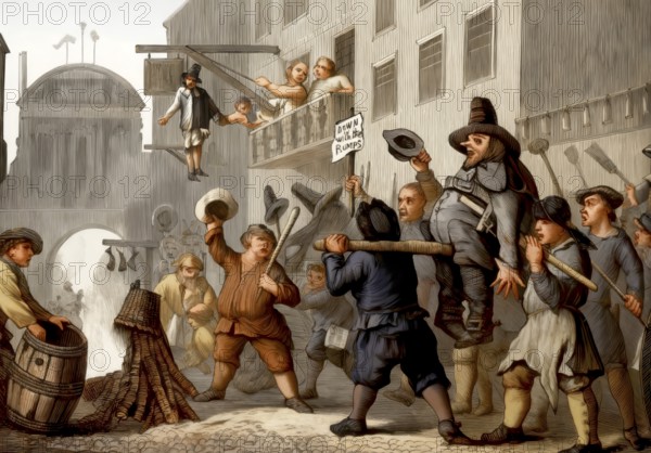 Bonfires in Fleet Street to mark the Restoration of Charles II in 1660, with members of the Puritan Rump Parliament being burnt in effigy, London, England, United Kingdom