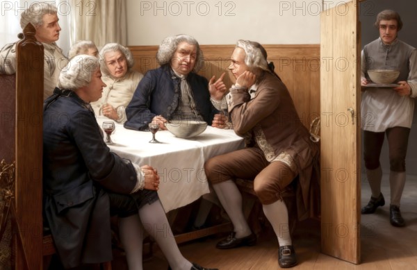 The Literary Club members, British lexicographer and writer Dr Samuel Johnson, 1709-1784, at the Mitre Tavern, London, 18th century, England, United Kingdom