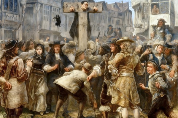 Titus Oates, 1649-1705, into the pillory at the gate of Westminster Hall, an English perjurer who fabricated the Popish Plot, England, United Kingdom