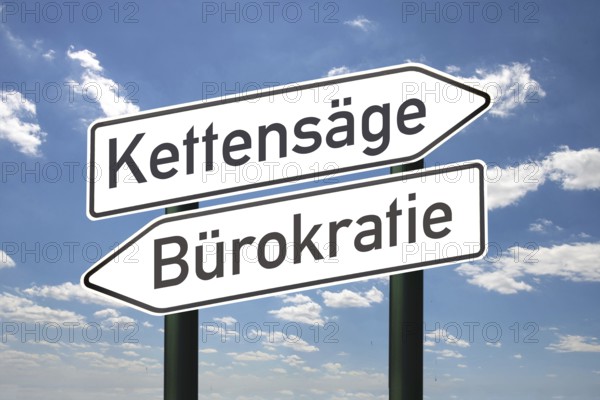 (Photo montage) Directional arrows against a blue sky with the inscription CHAINSAW and BUREAUCRACY