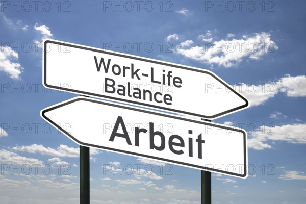(photo montage) Directional arrows against a blue sky with the words WORK-LIFE BALANCE and WORK