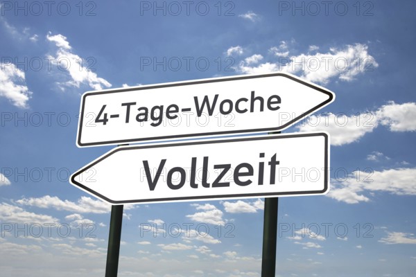 (photo montage) Directional arrows against a blue sky with the inscription 4-DAY-WEEK and FULL-TIME