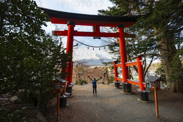 Tourist stretches her arms in the air, stands under red torii with a view of Mount Fuji volcano, Arakura Fuji Sengen Shrine, Arakurayama Sengen Park, Yamanashi Prefecture, Japan