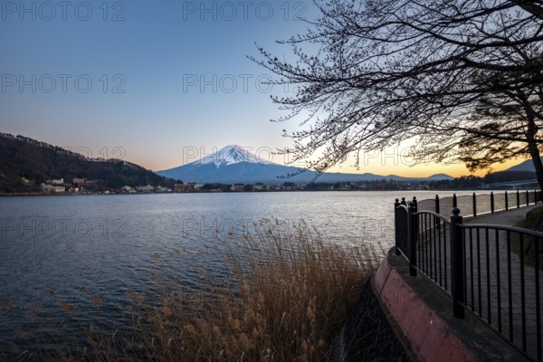 Kawaguchi Lake waterfront, view of Mount Fuji volcano at sunset, Yamanashi Prefecture, Japan