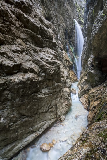 Waterfall and Hammersbach mountain stream in the Höllentalklamm, Höllental, near Grainau, Garmisch-Partenkirchen, Bavaria, Germany