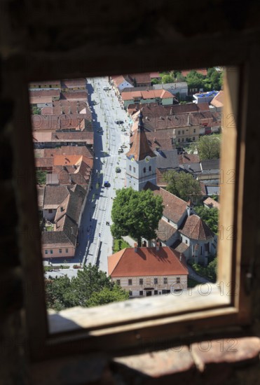 View from above of the town of Rasnov, Rosenau, in the Transylvania region of Romania