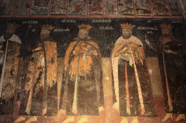 Votive panel, donor painting, in the Great Church of the Princes, Biserica Mare Domneasca, The fresco shows a series of Wallachian rulers, voivodes. The identifiable figures include Petru Cercel (the builder of the church) and Constantin Brâncoveanuin, Târgoviste, Romania