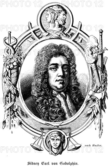 Sidney First Earl of Godolphin (1645 - 1712), Earl, portrait, Member of Parliament, Parliamentarian, Kingdom of England, First Lord of the Treasury, Treasurer of the Government, Chamberlain to Queen Mary of Modena, symbols, Janus head, two faces, torch, sword, heraldry, historical illustration 1863