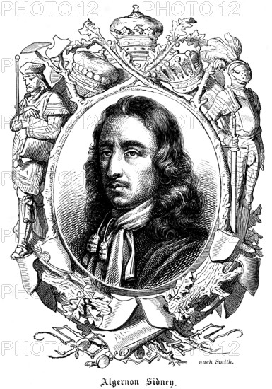 Algernon Sidney or Sydney (1623 - 1683) Kingdom of England, portrait, politician, opponent of the monarchy, philosopher, theorist, military rank lieutenant colonel, ambassador, member of the 20 year long English Parliament, Long Parliament, symbols, knight with sword, armour, seal, historical illustration 1863