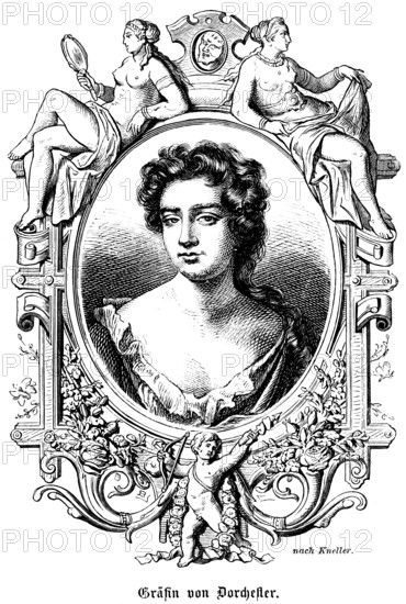 Countess of Dorchester and Portmore, Countess (1657 - 1717) Portrait, mistress of King James II of England, praised for her wisdom and sharp tongue, symbols, two woman, naked upper body, hand mirror, angel Cupid, bow and arrow, historical illustration 1863
