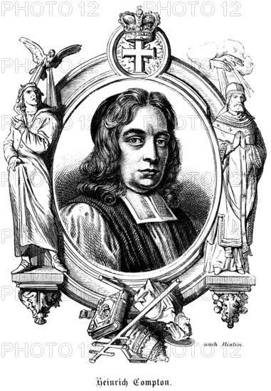 Henry Compton (c. 1632 - 1713) portrait, Bishop of London of the Church of England, opponent, of Catholicism, symbols, royal crown, clergyman, hand of God, Bible, historical illustration 1863