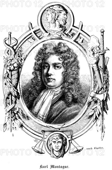 Charles Montague, 1st Earl of Halifax (1661 - 1715) Kingdom of England, Lord High Treasurer, Lord High Treasurer under King William III and Queen Anne, government, portrait, symbols, Janus head, two faces, torch, sword, heraldry, historical illustration 1863