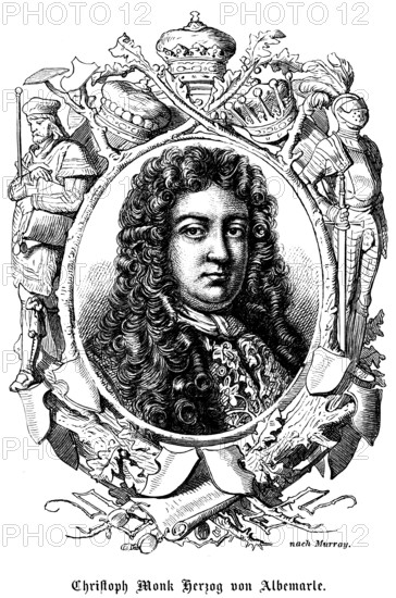 Christopher Monk 2nd Duke of Albemarle, Second Duke of Abermarle (1653 - 1688) and Earl of Torrington, Earl, Kingdom of England, portrait, first member of the House of Commons, then of the House of Lords, Governor of Jamaica, symbols, knight with sword, armour, seal, historical illustration 1863