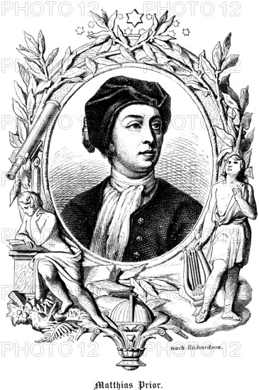 Matthew Prior (1664 -1721) Kingdom of England, portrait, diplomat, Secretary of State for Ireland, poet, member of the English Parliament, ornaments, stars, harp, reading a book, telescope, leaves, historical illustration 1863
