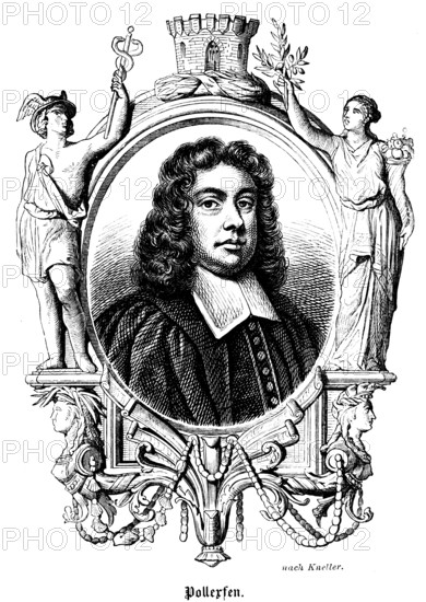 Sir Henry Pollexfen (1632 - 1691), Kingdom of England, portrait, lawyer, member of the English Parliament, ornamentation, defence defence tower, woman with olive branch, man with snake staff, historical illustration 1863