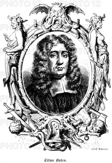 Titus Oates (1649 - 1705) Catholic priest, Kingdom of England, portrait conspiracy against King Charles II, prison and corporal punishment, torture as punishment, symbols, ghastly figures, sword, dagger, heads, historical illustration 1863