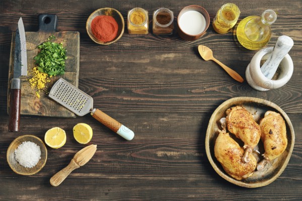 Roasted chicken legs are on a wooden platter next to bowls of spices, herbs, and lemon. A knife, grater, and mortar are placed on the table as ingredients are prepared for cooking