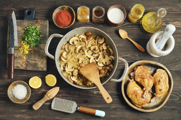 Chopped mushrooms and onion frying in a pan. Process of preparation of creamy mustard sauce for roasting chicken thighs with spices and lemon