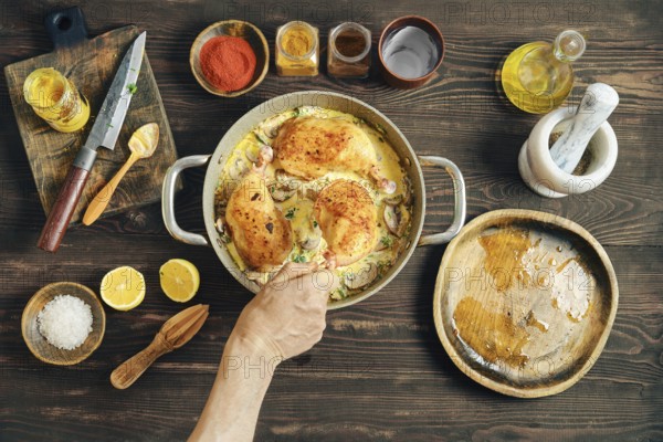 A hand puts fried chicken thighs in a saucepan with creamy mushroom sauce, top view. The pan is surrounded by spices, lemon, oil, salt, and utensils