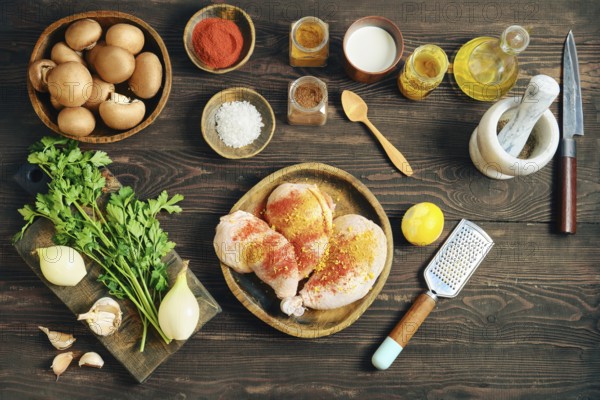 High angle view of raw chicken meat marinated with aromatic spice and lemon zest. Flat lay of home cooking process with mushroom, onion, and herb on a dark wooden table