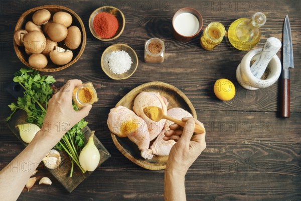 Top view of hands seasoning raw chicken thighs with curry or saffron while marinating meat on dark rustic wooden tabletop surrounded by mushrooms, vegetables and ingredients