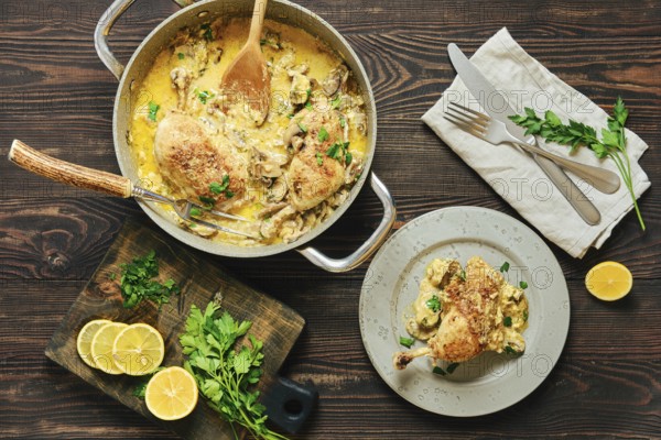 Top view of home-cooked creamy chicken legs in mushroom sauce served with parsley and lemon on rustic wooden table