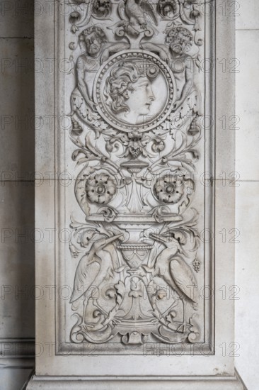Decorative bas-relief with arabesques and herons, Royal Academy of Arts, Art Gallery and Academy of Arts, Burlington House, Piccadilly, London, England, Great Britain