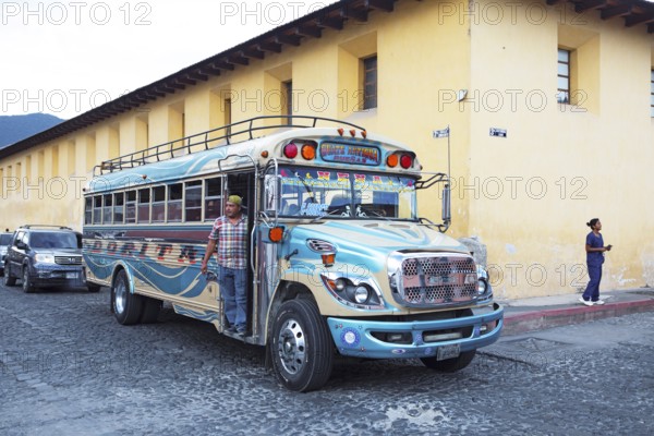 Colorful bus in the old town, Antigua, Sacatepéquez Department, Guatemala