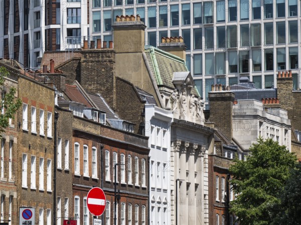 Street scene in London with contrasting modern and classical architecture, City of Westminster, London, England, Great Britain