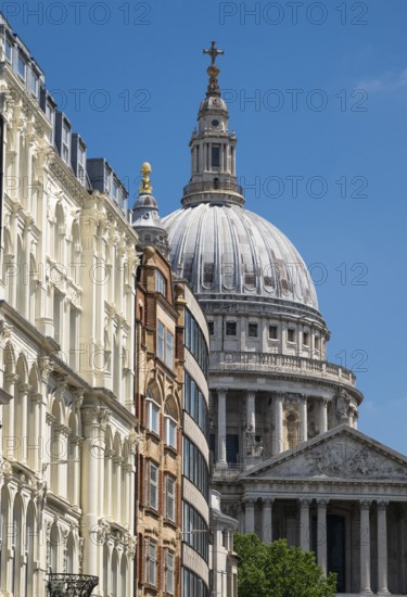 Lugate Hill Street with historic buildings and the dome of St. Paul's Cathedral in the background, London, England, Great Britain
