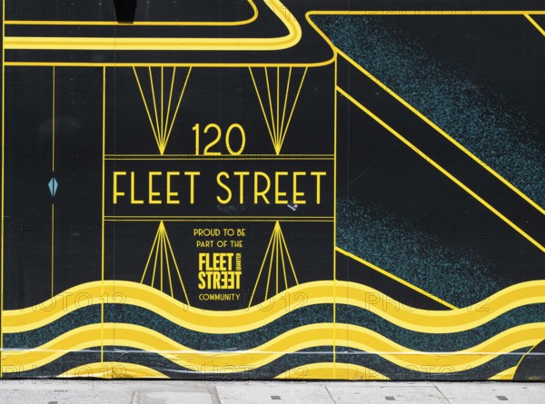 Graphically designed Fleet Street lettering in yellow and black shades, London, England, Great Britain