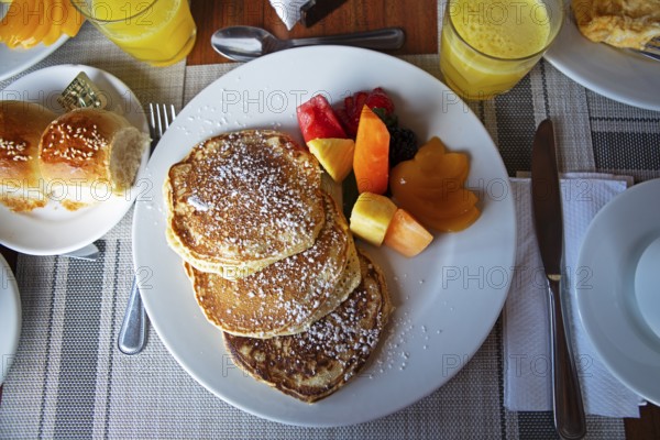 Pancakes or pancakes with fruit, breakfast in Guatemala, Antigua, Highlands, Sacatepéquez Department, Guatemala