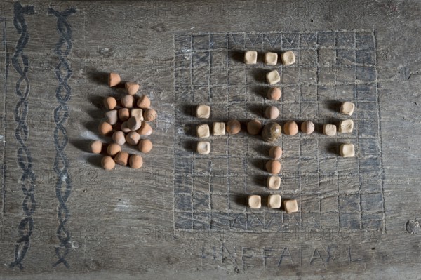 Historic Northern European Viking board game Hnefatafl or Tablut, strategy game for two players from the 4th century, reconstructed courtyard with nine houses of a large farmer from the Viking Age, Viking farm Fyrkat, Fyrkat, Hobro, Denmark