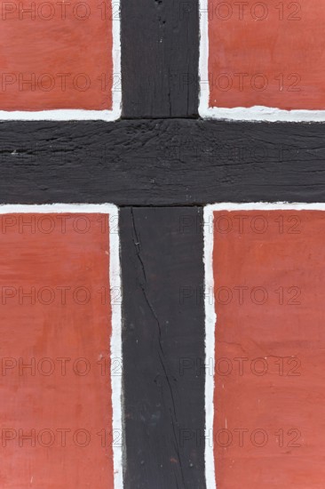 Close-up of a timber-frame structure with red background and black bars, nave, reconstructed courtyard with nine houses of a large farmer from the Viking Age, Fyrkat Viking farm, Hobro, Denmark