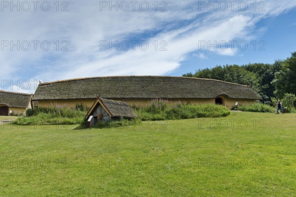 Longhouse, reconstructed courtyard with nine houses built by a large farmer from the Viking Age, Fyrkat Viking Farm, Hobro, Denmark