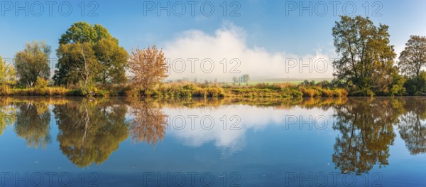 Autumn by the river Saale in the Lower Saale Valley nature park Park, fog in the background, Brachwitz near Halle (Saale), Saxony-Anhalt, Germany