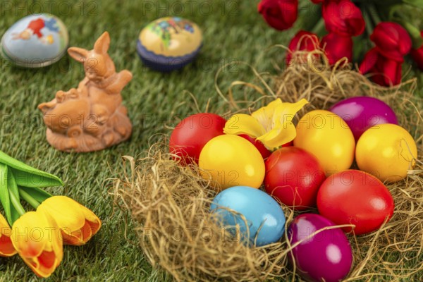 Colourful easter eggs and an Easter bunny with spring flowers on grass