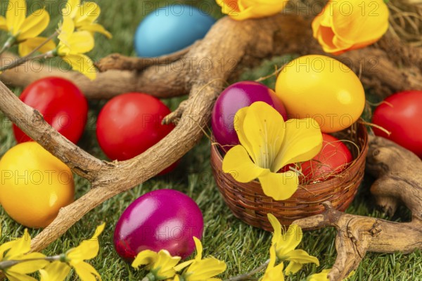 Colourful Easter eggs in and around a small basket, branches and blossoms on grass