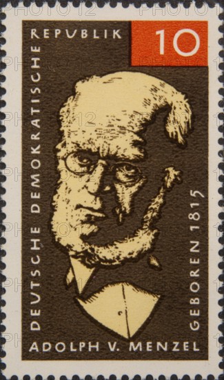 Adolph Friedrich Erdmann von Menzel (1815-1905) was a German artist, especially a history painter and book illustrator. Portrait on a German postage stamp