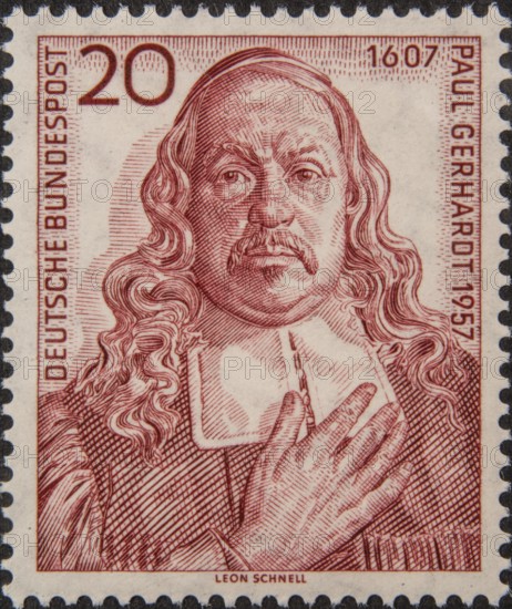 Paul Gerhardt (1607-1676) was a German Lutheran theologian. He is best known as one of the most widely distributed Lutheran hymn writers. Portrait on a German postage stamp