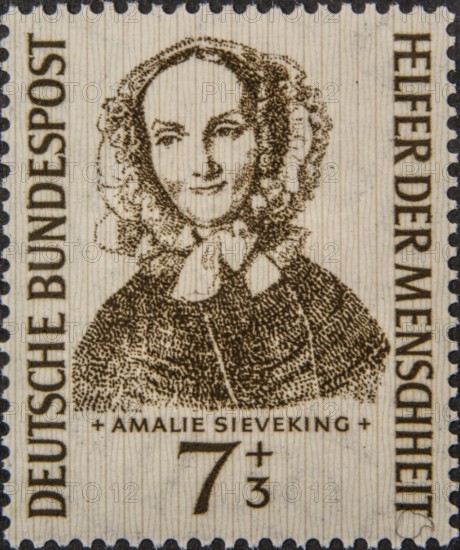 Amalie Wilhelmine Sieveking (1794-1859) was a German philanthropist and deaconess. She founded a women's association for the poor and medical care in Hamburg in 1832. Portrait on a German postage stamp