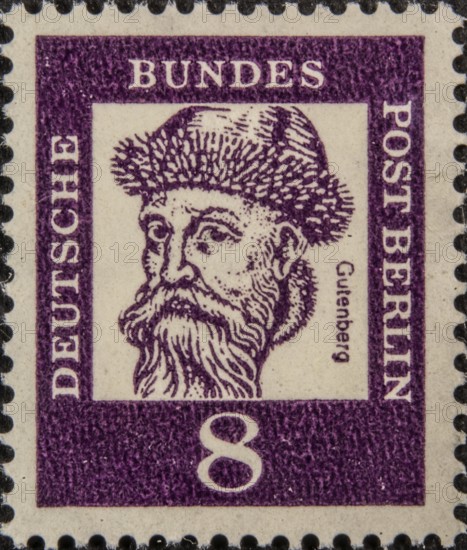 Johann Gutenberg, (about 1400-1468) a German book printer and inventor. Portrait on a German postage stamp