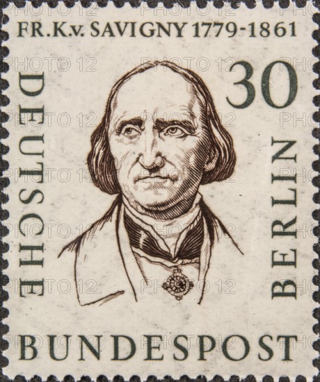 Friedrich Carl von Savigny (1779-1861) was a German professor and jurist. He is one of the most prominent representatives of the historical school. Portrait on a German postage stamp