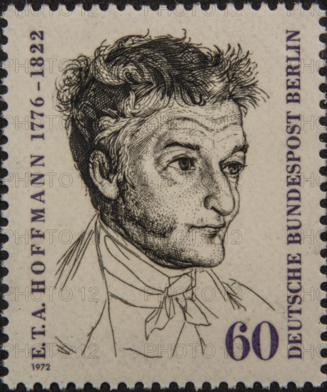 Ernst Theodor Amadeus Hoffmann (1776-1822) was a German Romantic author of fantasy and gothic horror, a jurist, composer, music critic and artist. Portrait on a German postage stamp