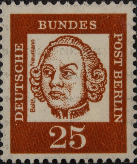 Johann Balthasar Neumann (1687-1753) was a German Baroque architect. Portrait on German postage stamp