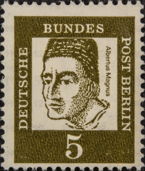 Albertus Magnus, also Albert the Great, Albert of Cologne, (1206-1280) was a German philosopher, theologian and naturalist. He was Bishop of Regensburg from 1260 to 1262 and belonged to the Dominican Order. He was declared a Doctor of the Church and a saint in the Roman Catholic Church in 1931. Portrait on a German postage stamp