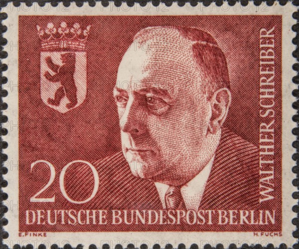 Walther Carl Rudolf Schreiber (1884-1958) was a German politician. He was a member of the DDP and later the CDU. From 1926 to 1932 he was Prussian Minister of Commerce. He was the ruling mayor of West Berlin from 1953 to 1955. Portrait on a German postage stamp