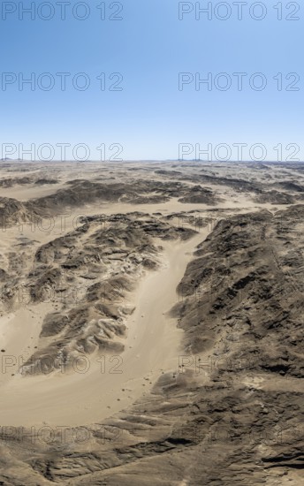 Aerial view, dry barren mountains in Moon Valley, rocky landscape ridged by erosion, Namib-Naukluft Park, Namib Desert, Namibia