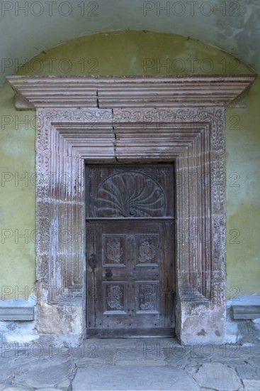 Entrance portal of the late Gothic three-nave hall church, 15th century, Birthälmer fortified church, Biertan, Transylvania, Romania